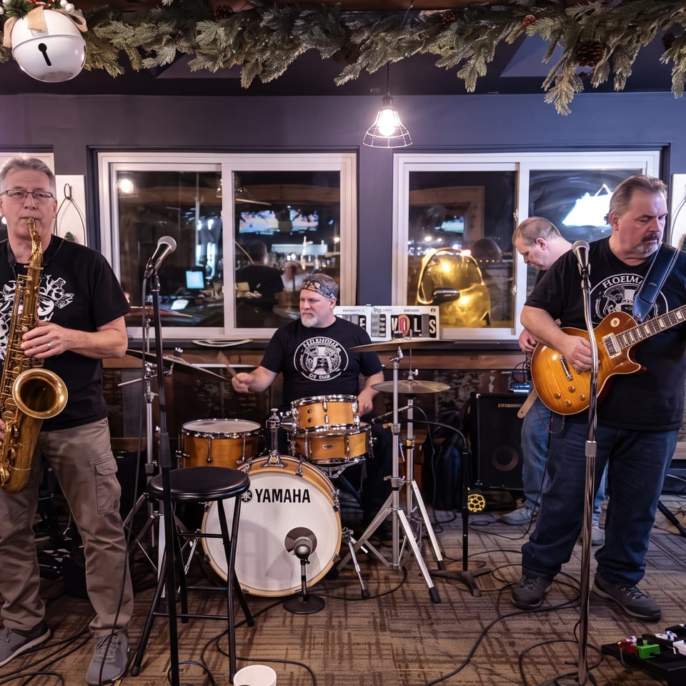 Live band performs in a warmly decorated restaurant, featuring saxophone, guitar, drums, and festive evergreen garlands.