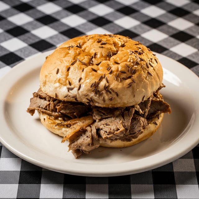 Roast Beef on Kimmelweck Sandwich.